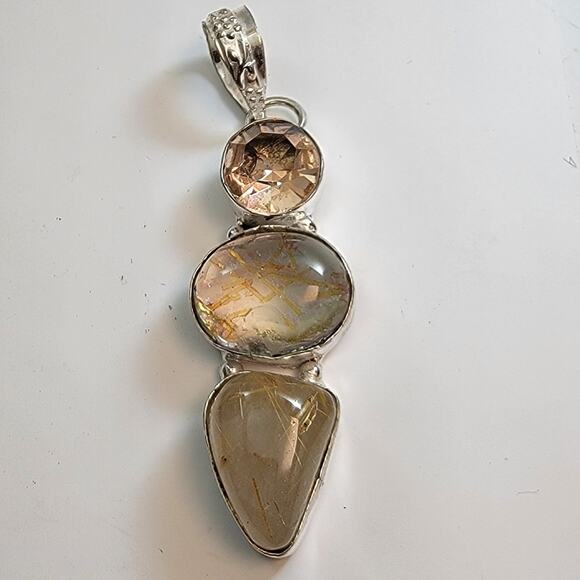 Necklace Pendants Rutilated Quartz & Smoky Quartz in Handmade Sterling Silver - Picture 1 of 10